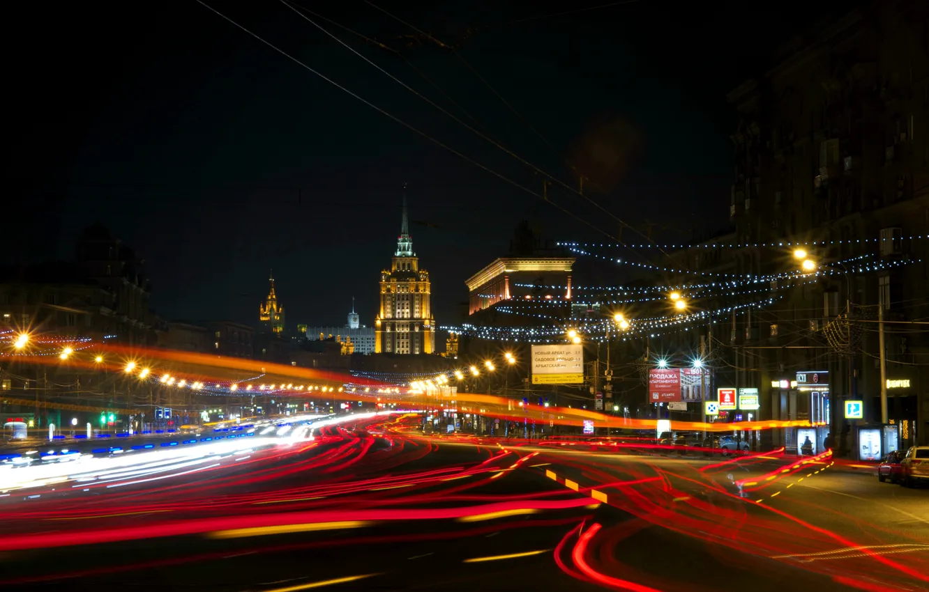 Фото обои ночь, Москва, Россия, Russia, Moscow, night light, Кутузовский проспект