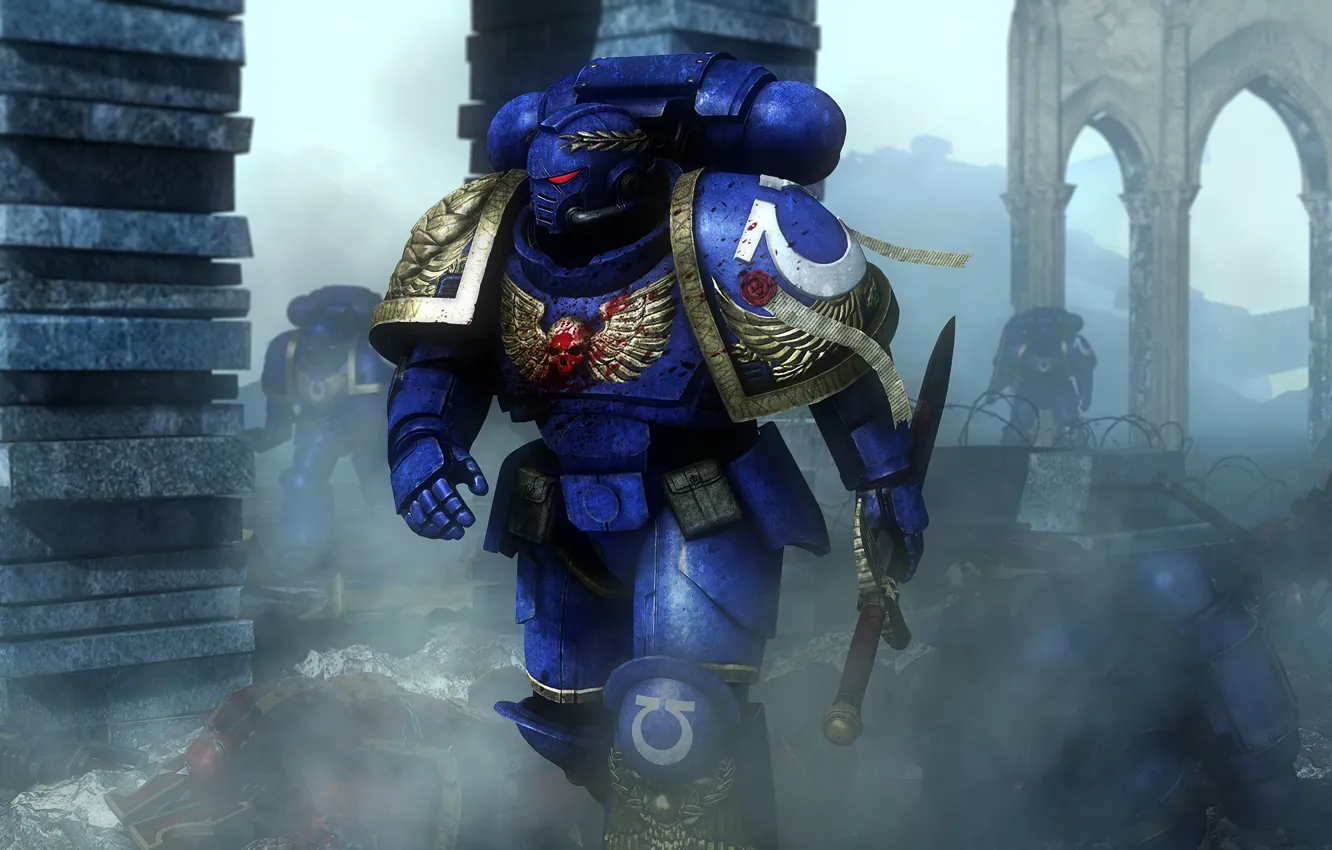 Фото обои война, меч, шлем, space marine, Warhammer 40.000, power armor