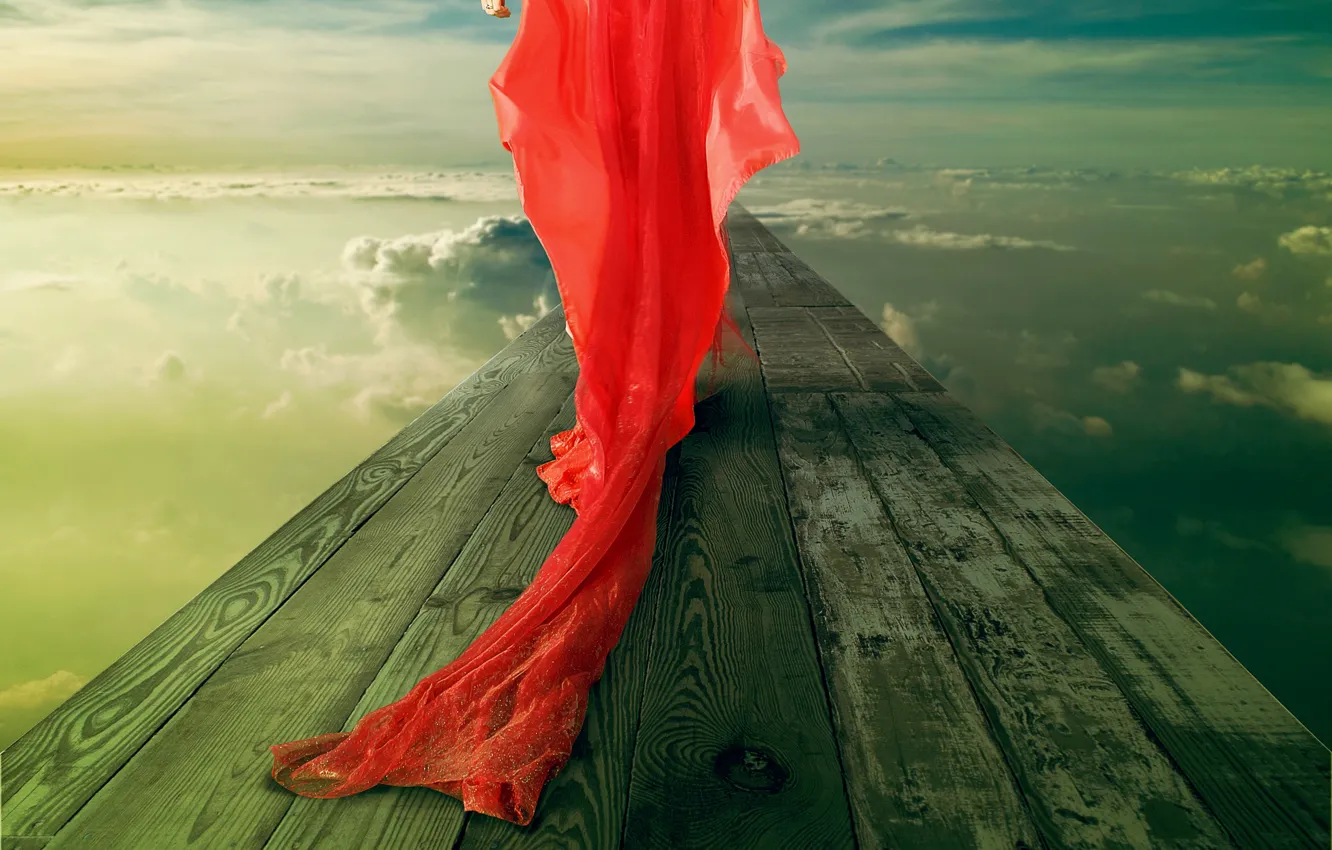 Фото обои небо, облака, мост, шлейф, кольцо, девушка в красном платье, The Red
