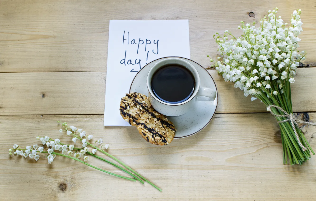 Фото обои цветы, ландыши, wood, flowers, cup, coffee, good morning, чашка кофе