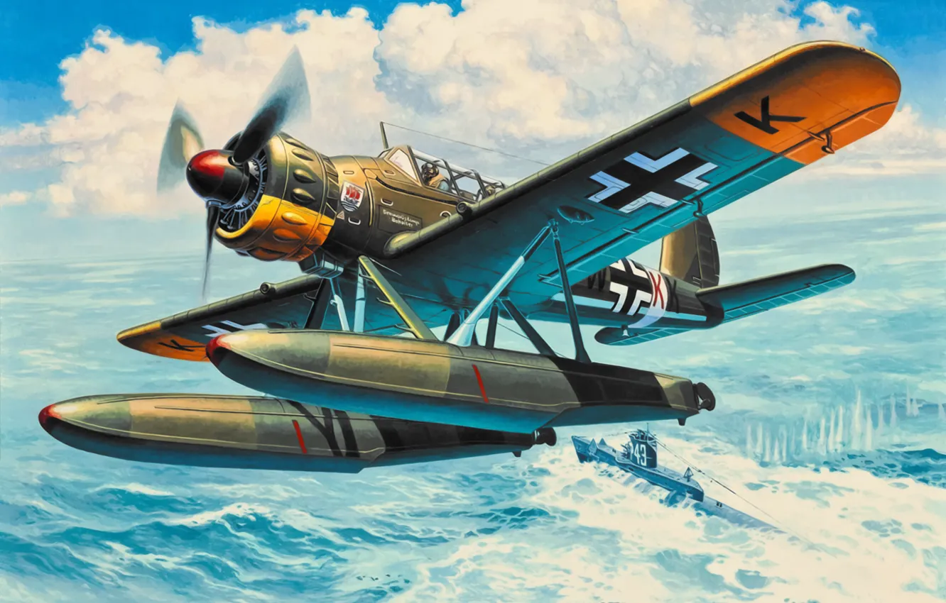 Фото обои war, art, airplane, painting, aviation, ww2, Arado Ar 196