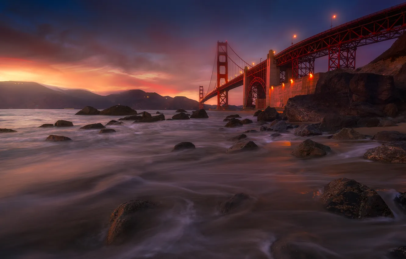 Фото обои горы, ночь, мост, пролив, камни, Калифорния, Сан-Франциско, Golden Gate Bridge