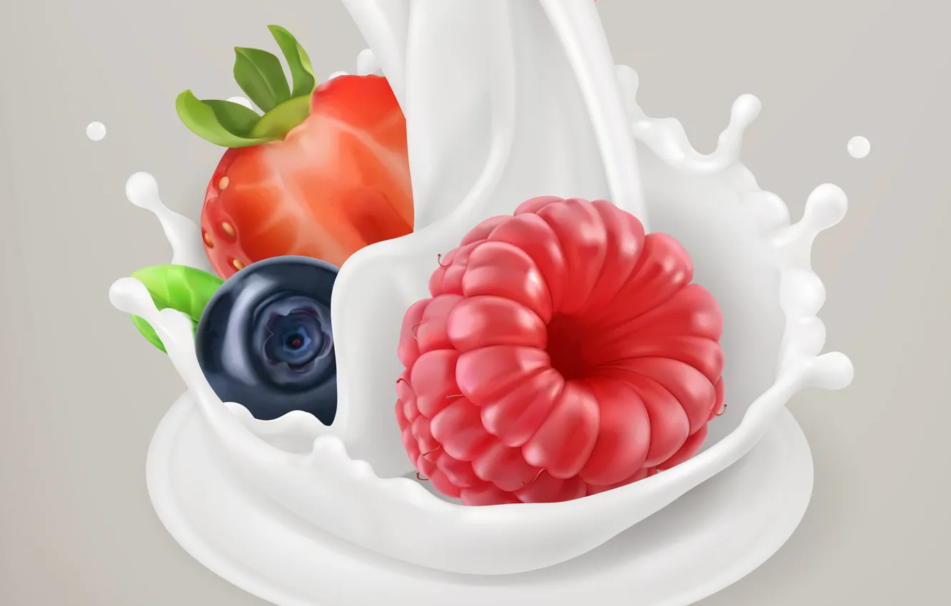Фото обои ягоды, малина, фон, молоко, черника
