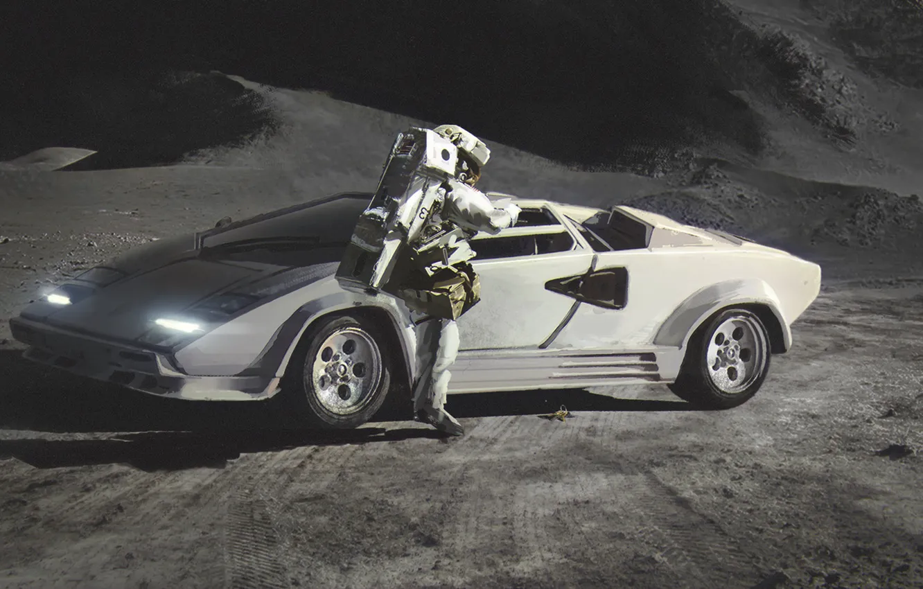 Фото обои Lamborghini, Moon, Countach, Painting, Spaceman, Сanvas