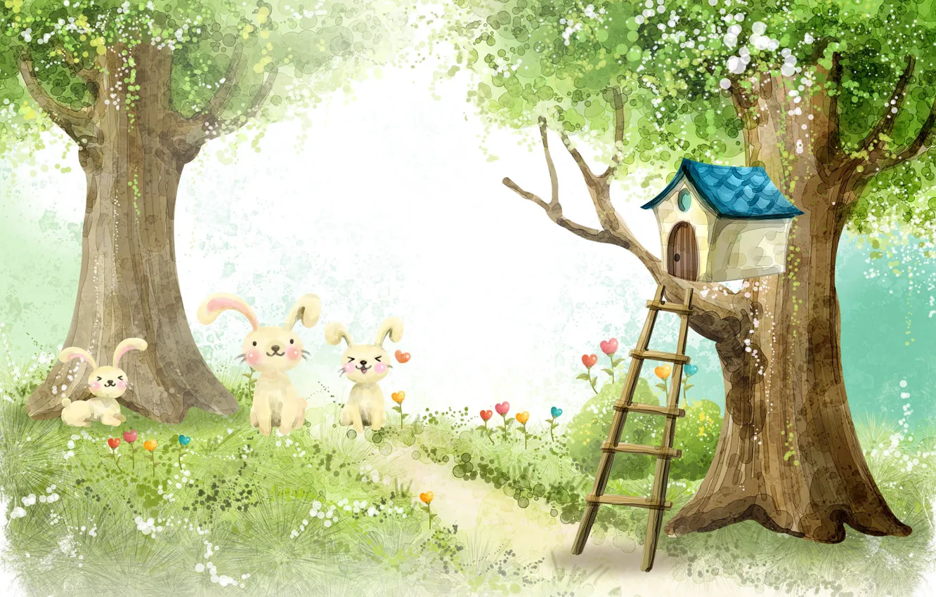 Фото обои лес, рисунок, зайцы, домик