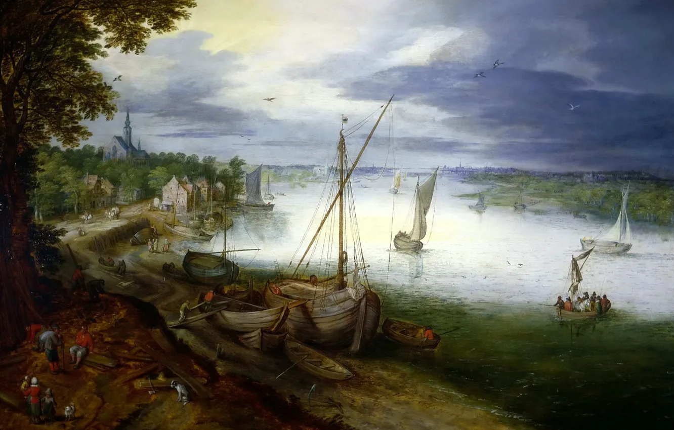 Фото обои пейзаж, река, лодка, картина, Ян Брейгель младший, Вид на Шельду близ Антверпена