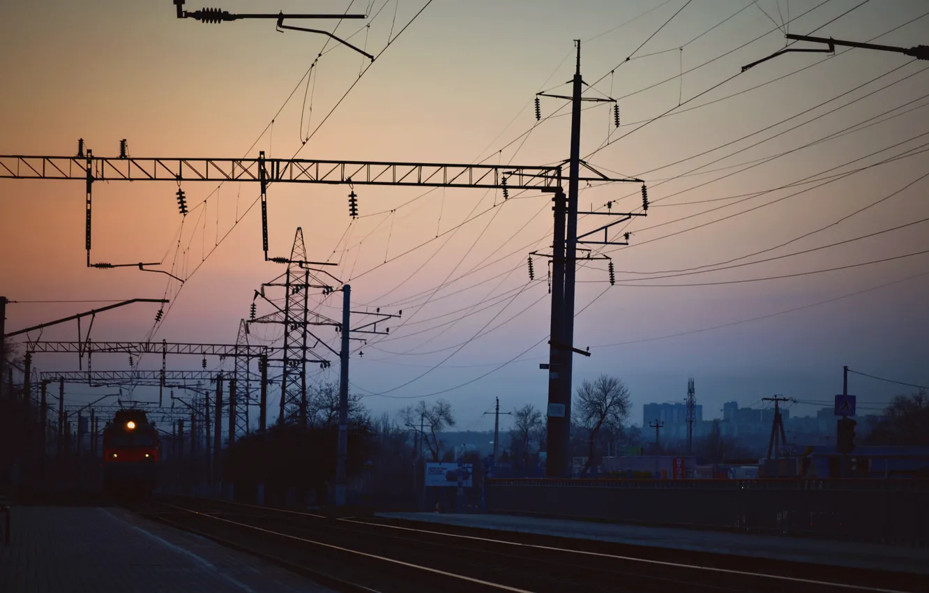 Фото обои закат, путь, железная дорога, электровоз, Ростов-на-Дону, ВЛ80