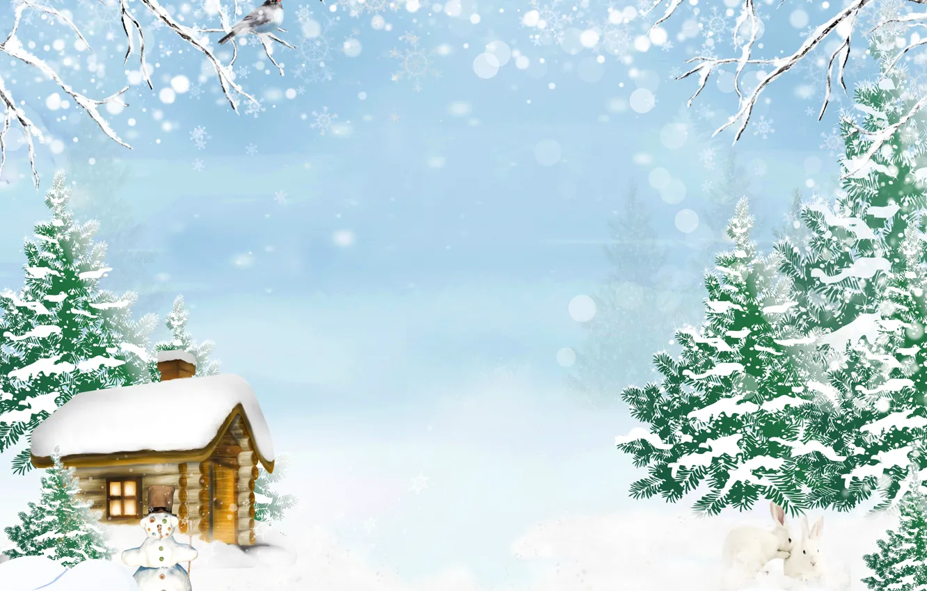 Фото обои зима, ели, кролики, домик, снеговик