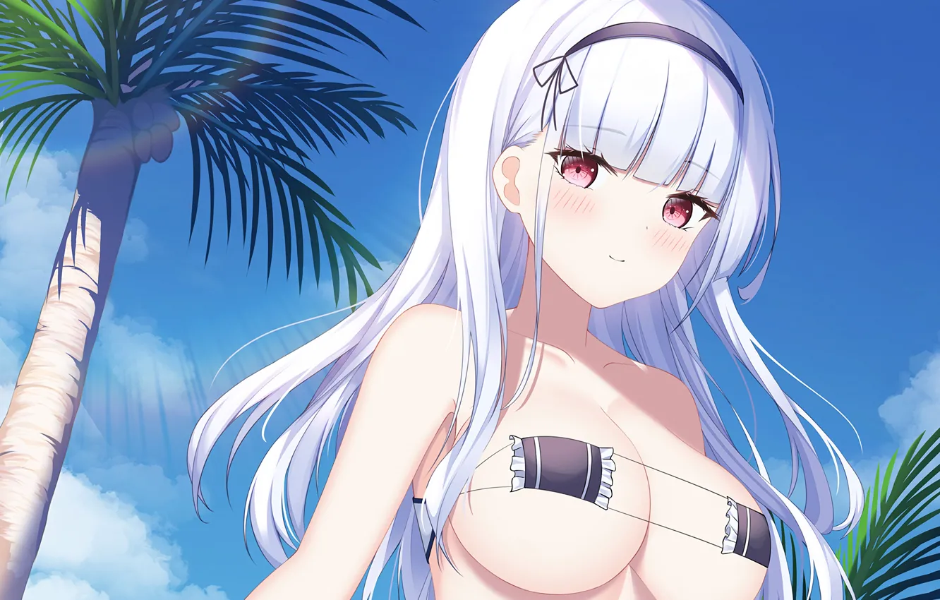 Фото обои girl, sexy, cleavage, beach, sky, long hair, boobs, anime