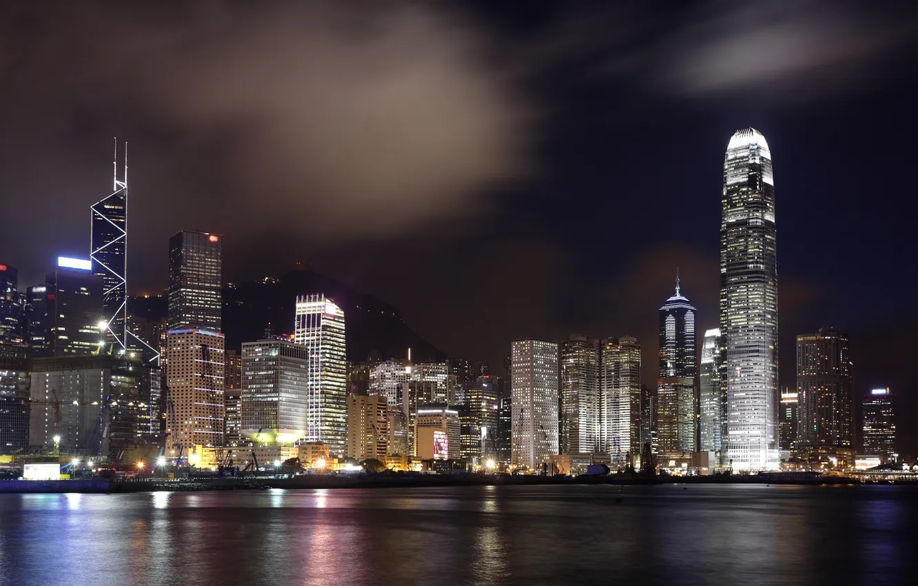 Фото обои ночь, город, огни, Гонконг, небоскребы, Hong Kong, Гавань Виктория
