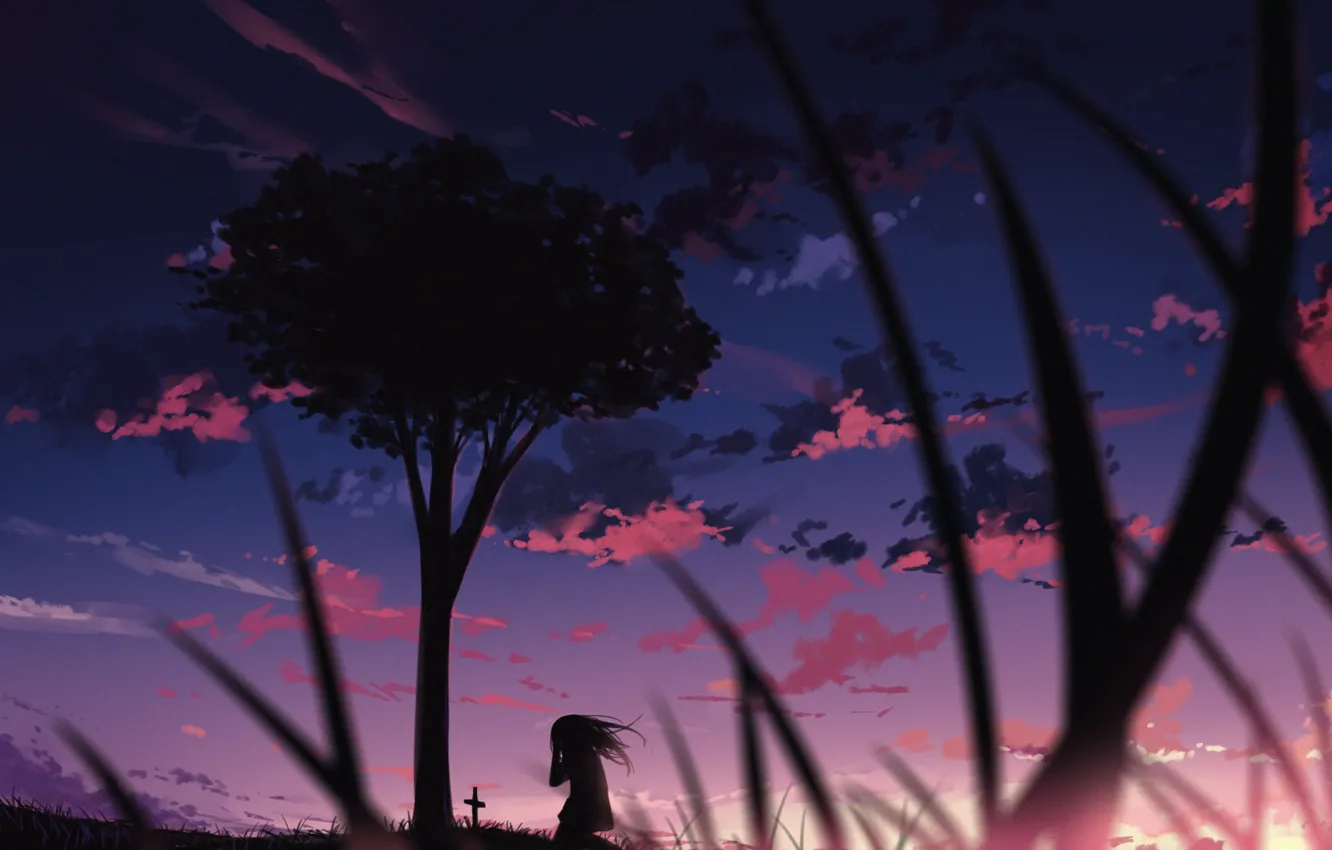 Фото обои небо, девушка, деревья, закат, плачет, могила, by arttssam