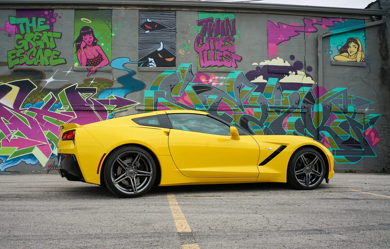 Фото обои желтый, дизайн, граффити, Corvette Chevrolet