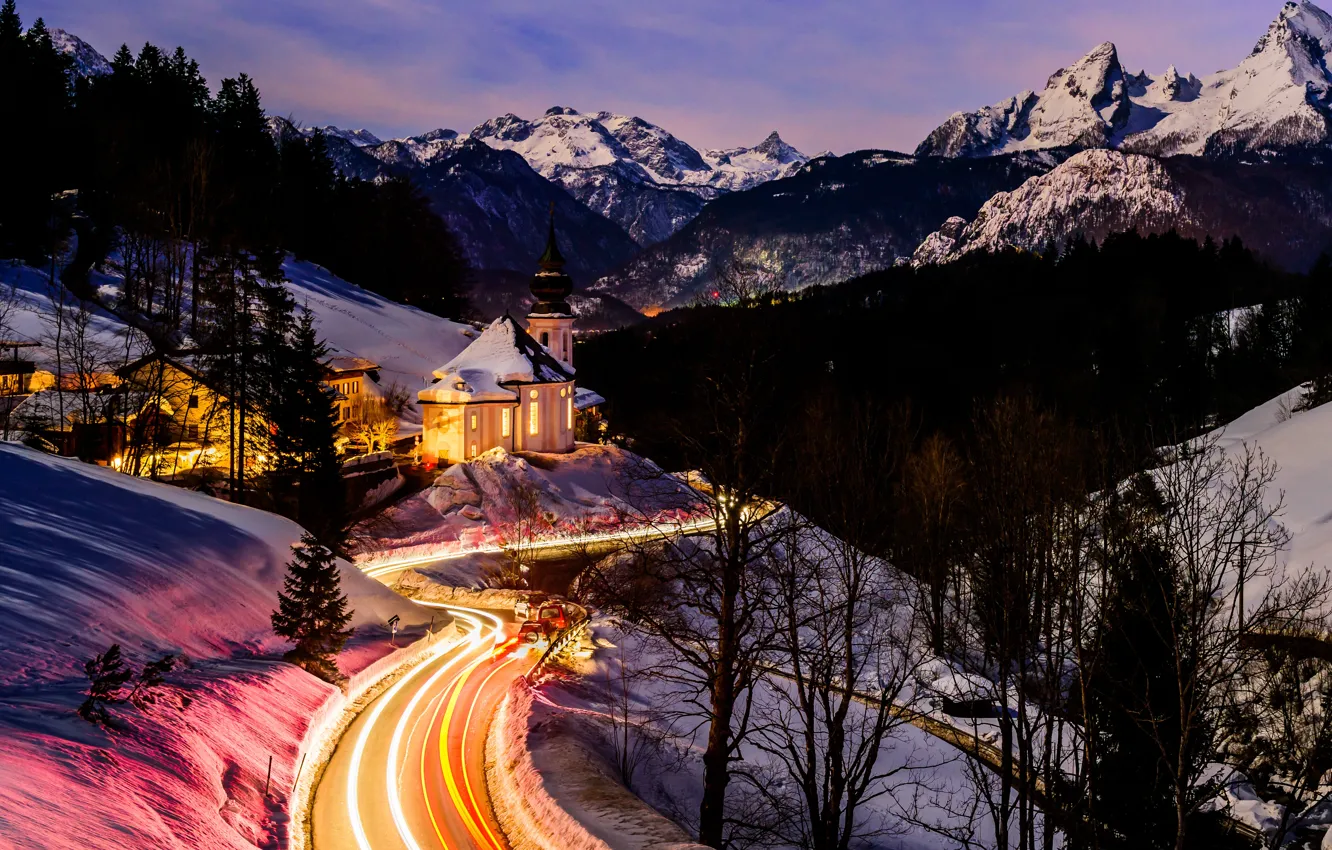 Фото обои зима, дорога, пейзаж, горы, природа, Германия, Бавария, освещение