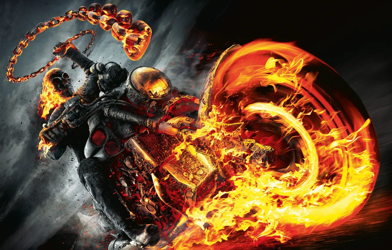 Фото обои огонь, череп, мотоцикл, призрачный гонщик, ghost rider