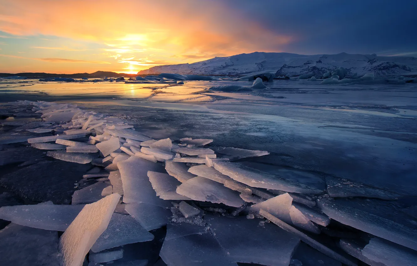 Фото обои Winter, Landscapes, Iceland, Ice, Glacier, Sunsets, Freeze