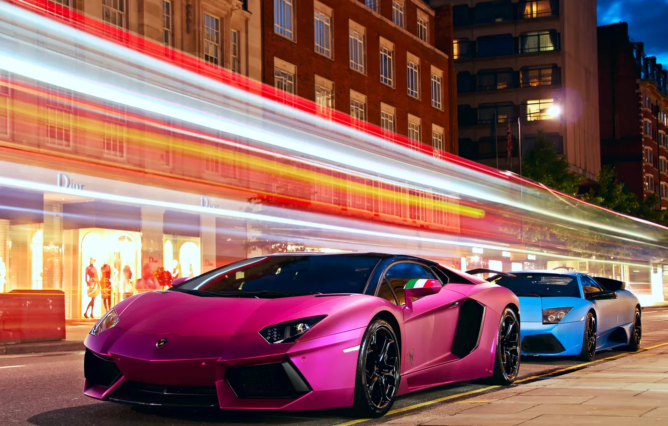 Фото обои дорога, свет, ночь, город, вечер, Lamborghini, выдержка, Ламборджини