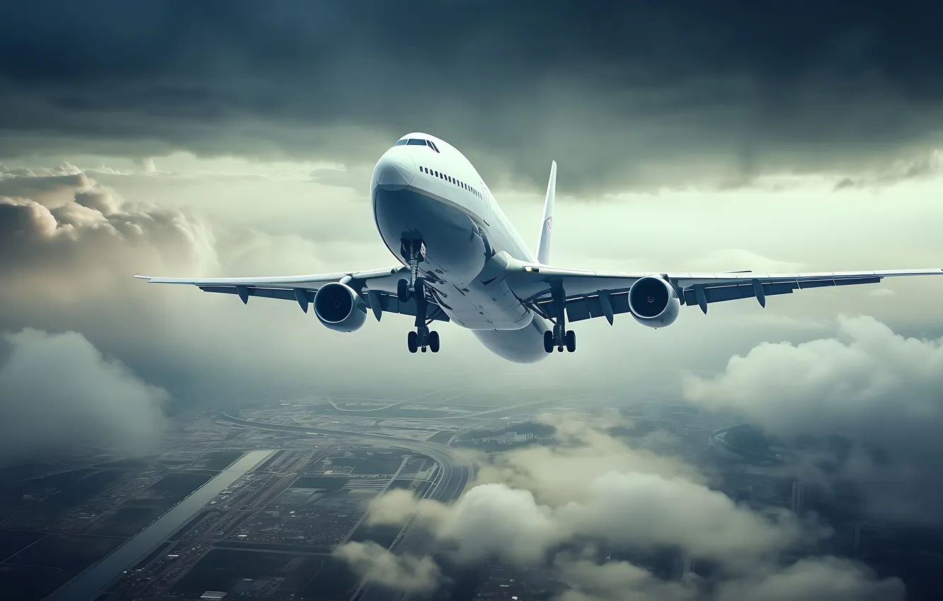 Фото обои Самолет, Лайнер, Полет, Тучи, Взлет, Цифровое искусство, Boeing 747, ИИ-арт