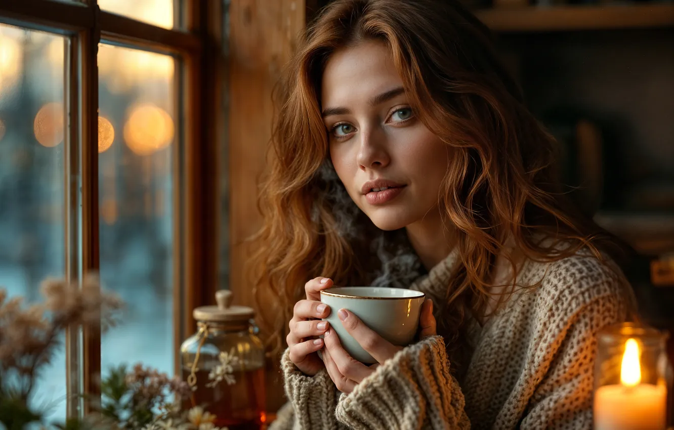 Фото обои girl, cup, look, candle, ai art