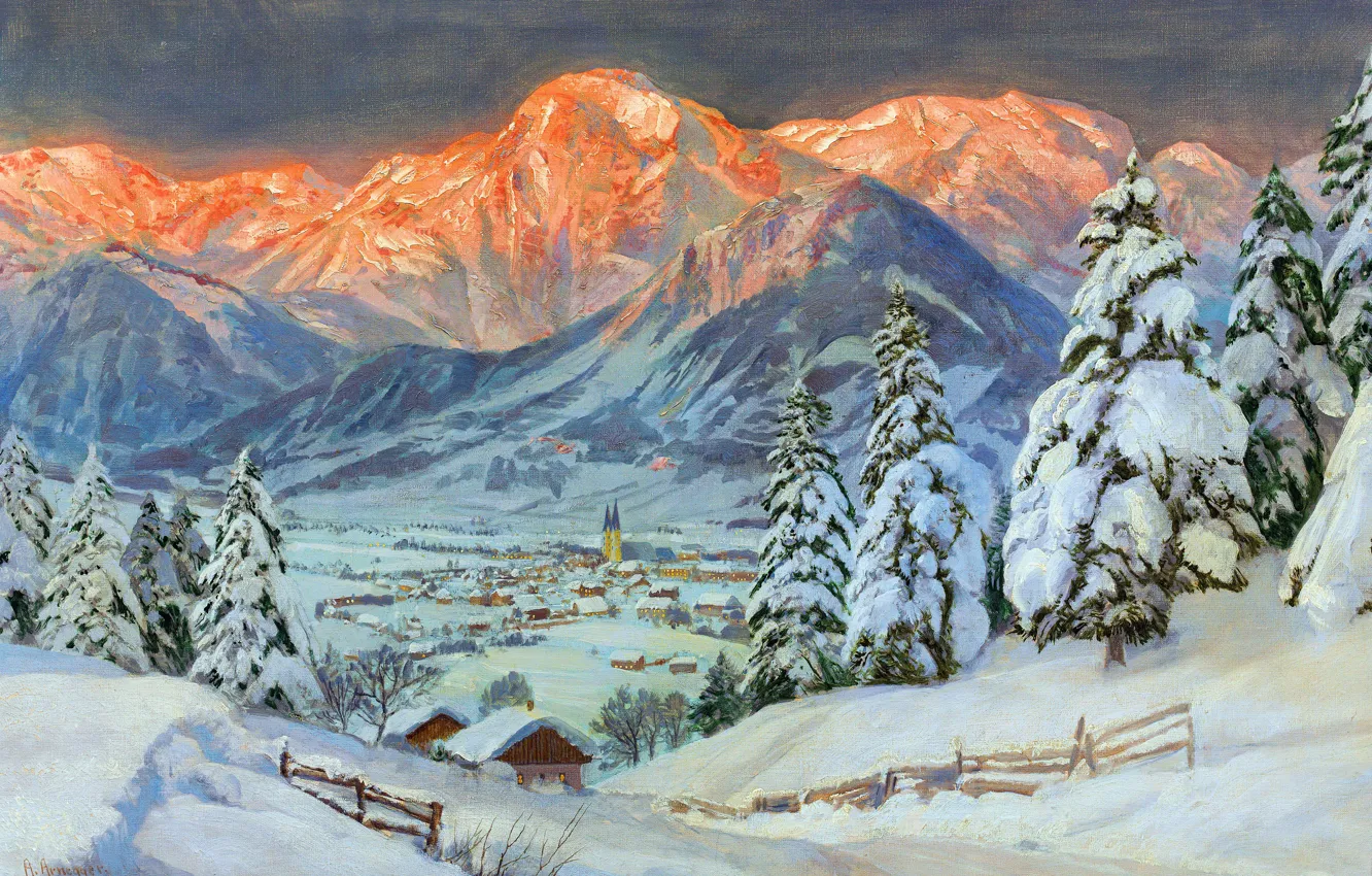 Фото обои Дома, Горы, Снег, Картина, Alois Arnegger, Ели, Алоис Арнеггер, Австрийский живописец
