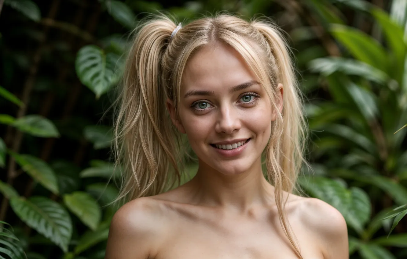 Фото обои лес, девушка, джунгли, блондинка, красивая