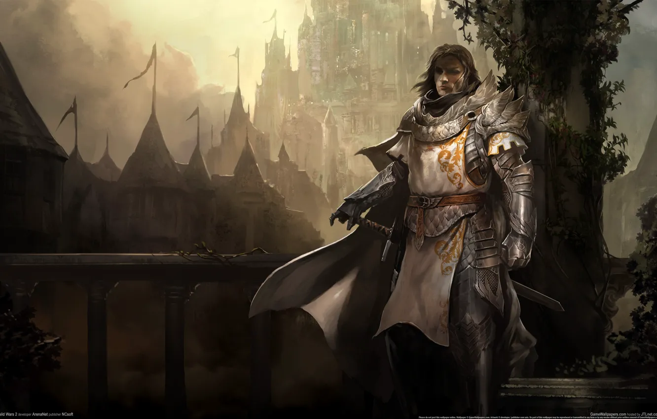 Фото обои мост, туман, оружие, замок, меч, доспехи, воин, лестница