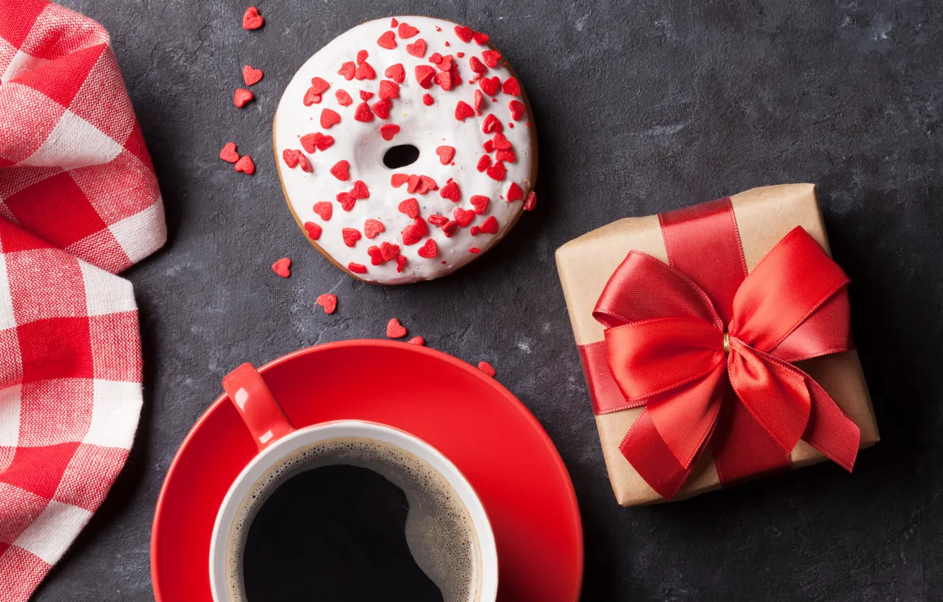 Фото обои подарок, кофе, сердечки, love, пончик, coffee
