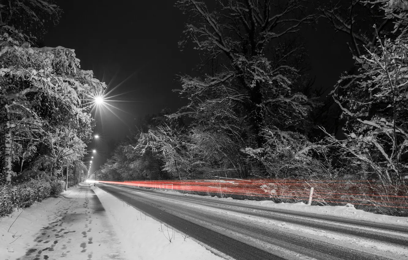 Фото обои зима, дорога, ночь, огни