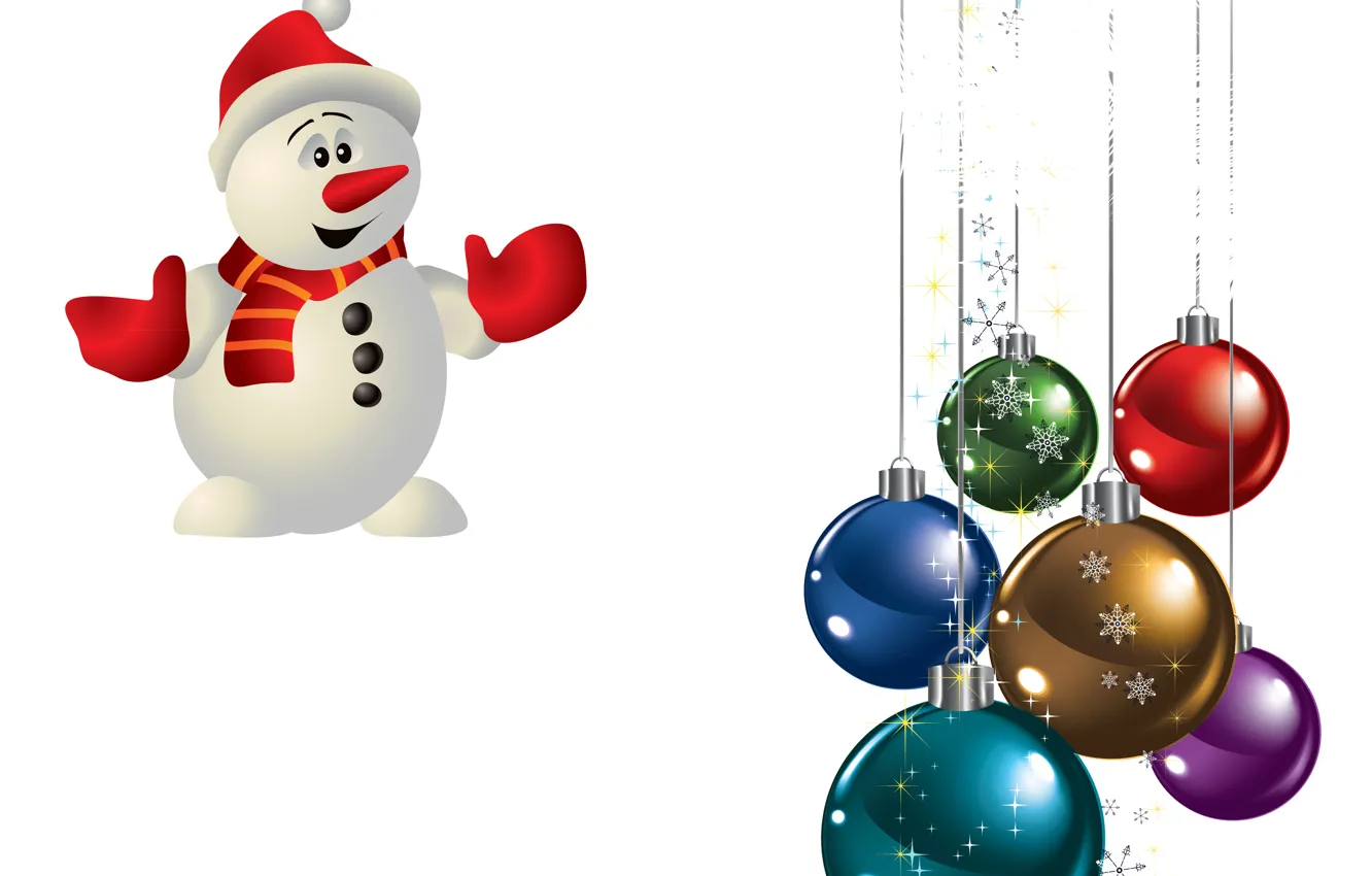 Фото обои шарики, праздник, снеговик, снежинка