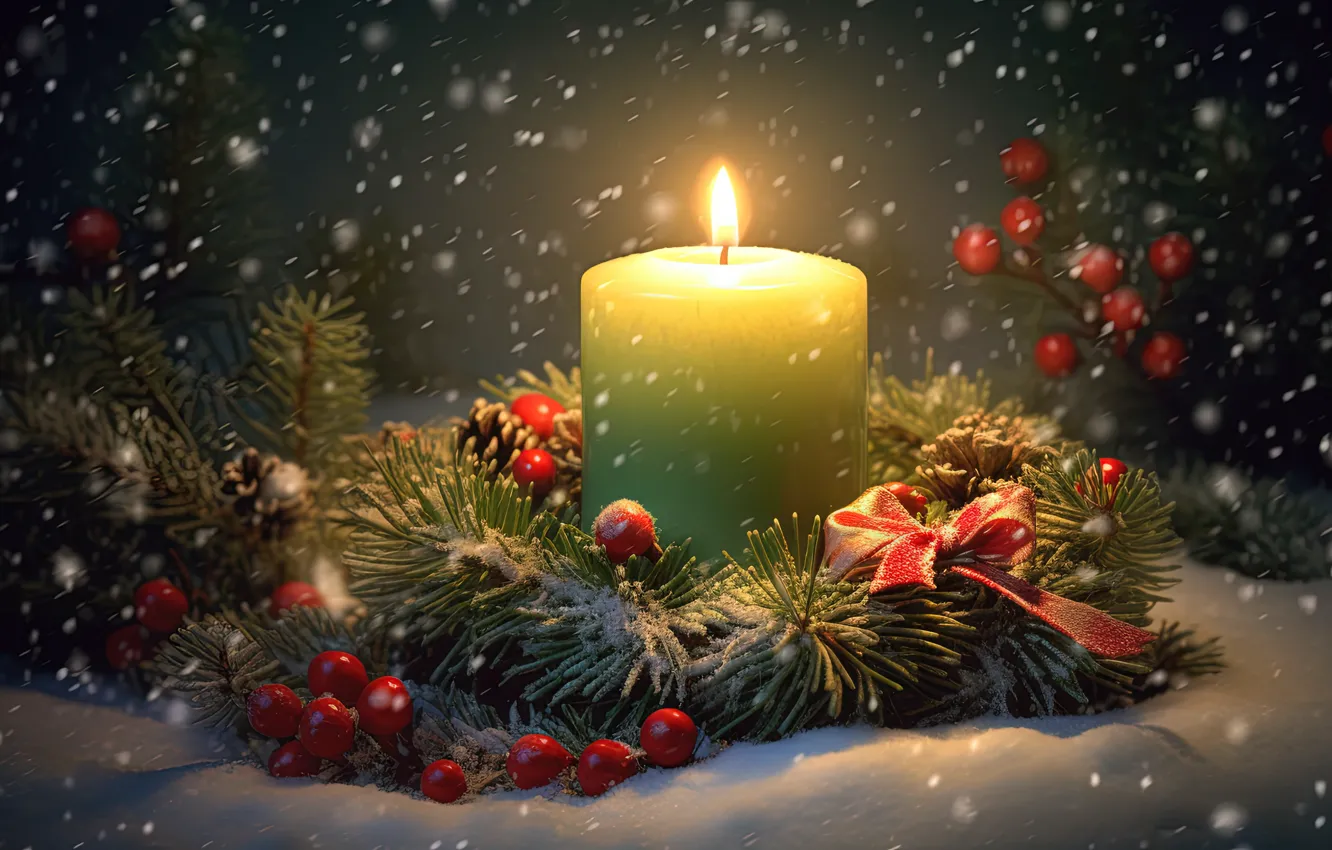 Фото обои зима, снег, украшения, ночь, ягоды, свечи, Новый Год, Рождество