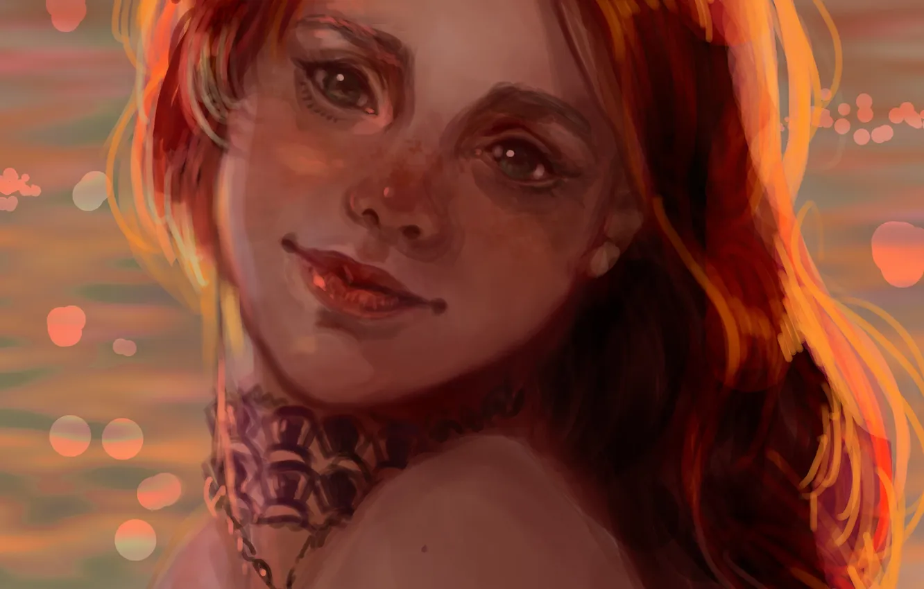 Фото обои море, девушка, закат, лицо, улыбка, волосы, рыжая, art