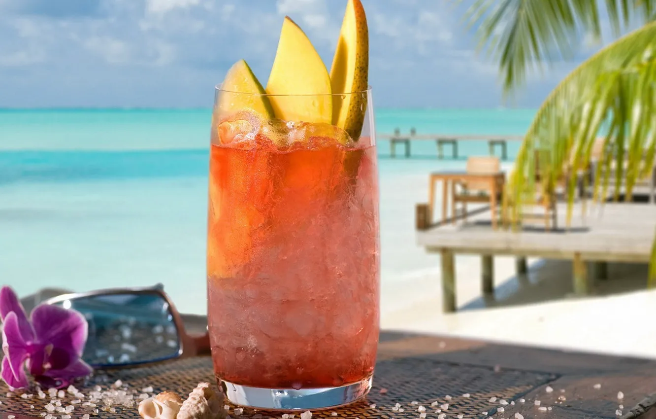 Фото обои море, пляж, пальма, напиток, дыня со льдом