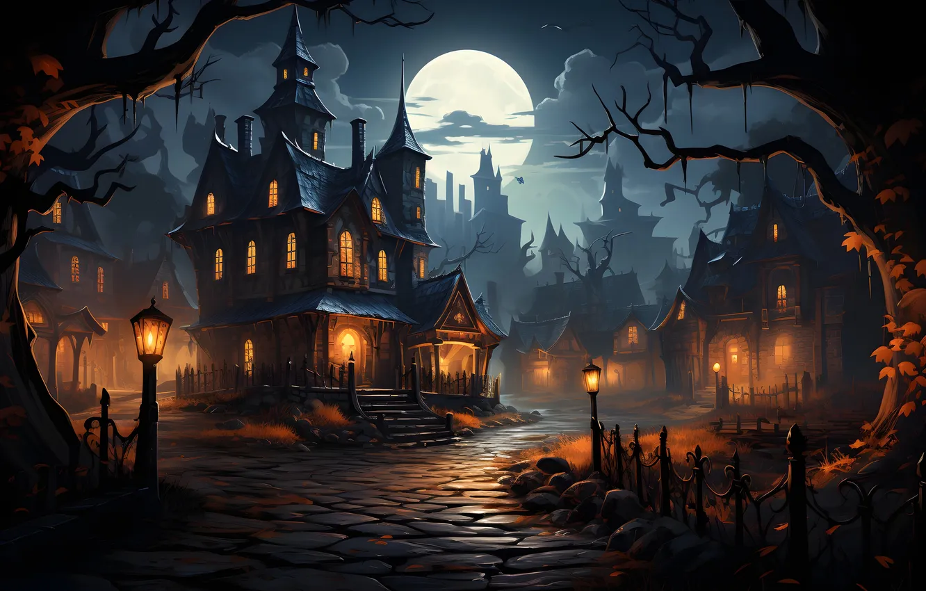 Фото обои Дома, Огни, Ночь, Деревья, Луна, Тучи, Фонари, Halloween