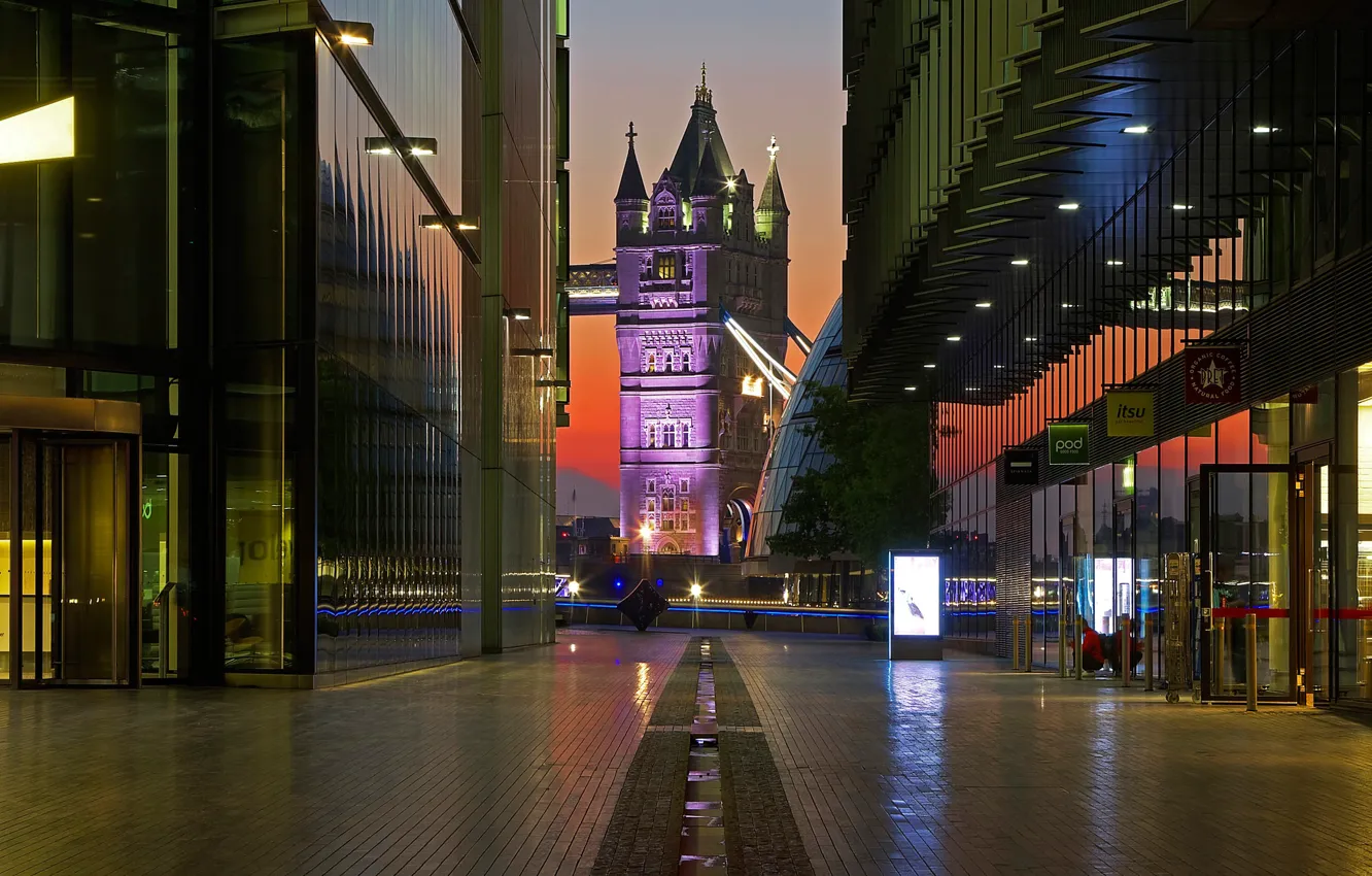 Фото обои ночь, огни, улица, Англия, Лондон, башня, Тауэрский мост
