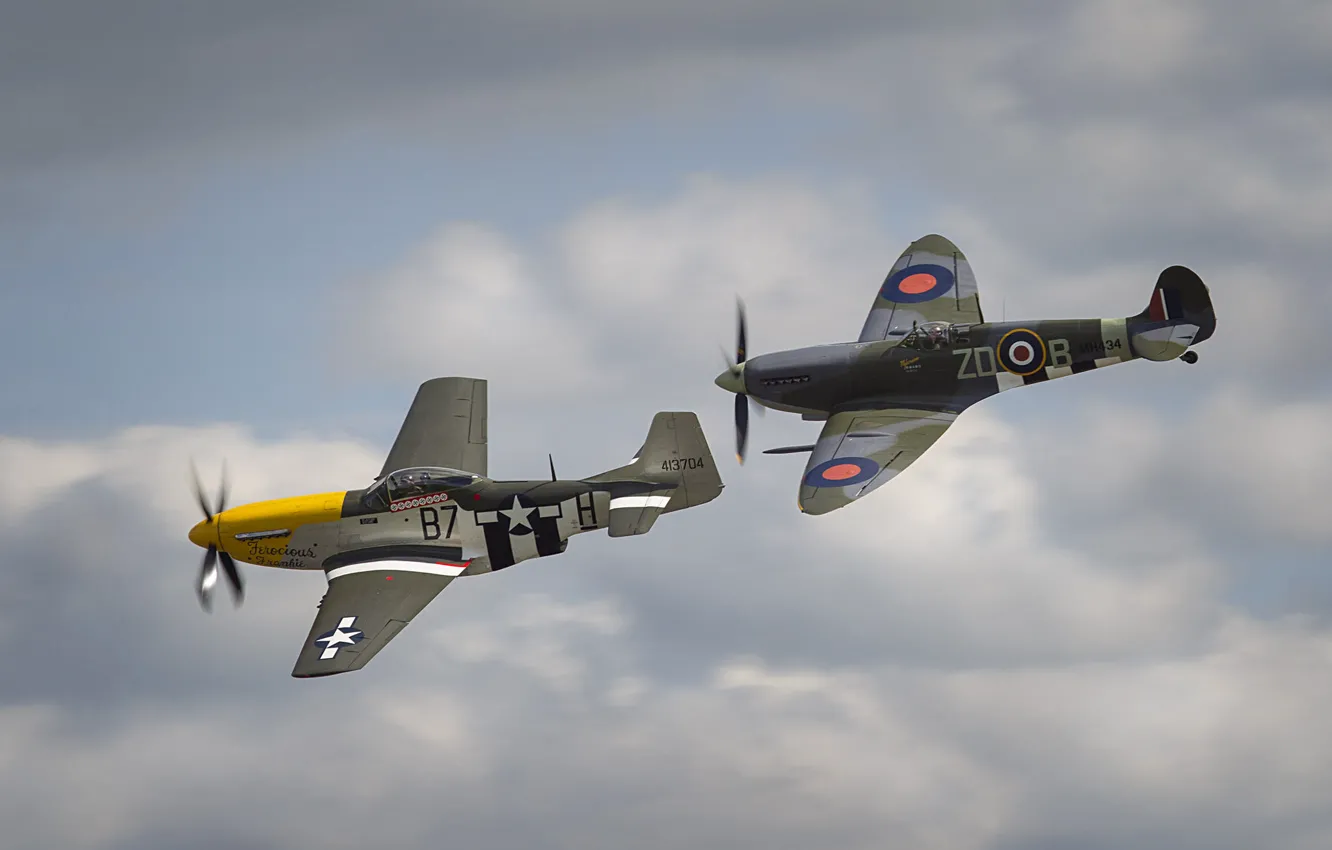 Фото обои Mustang, войны, истребители, P-51, Spitfire, North American, мировой, Второй