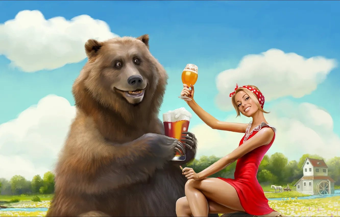 Фото обои girl, Art, bear, beer, funny, picture, weekend, Situation