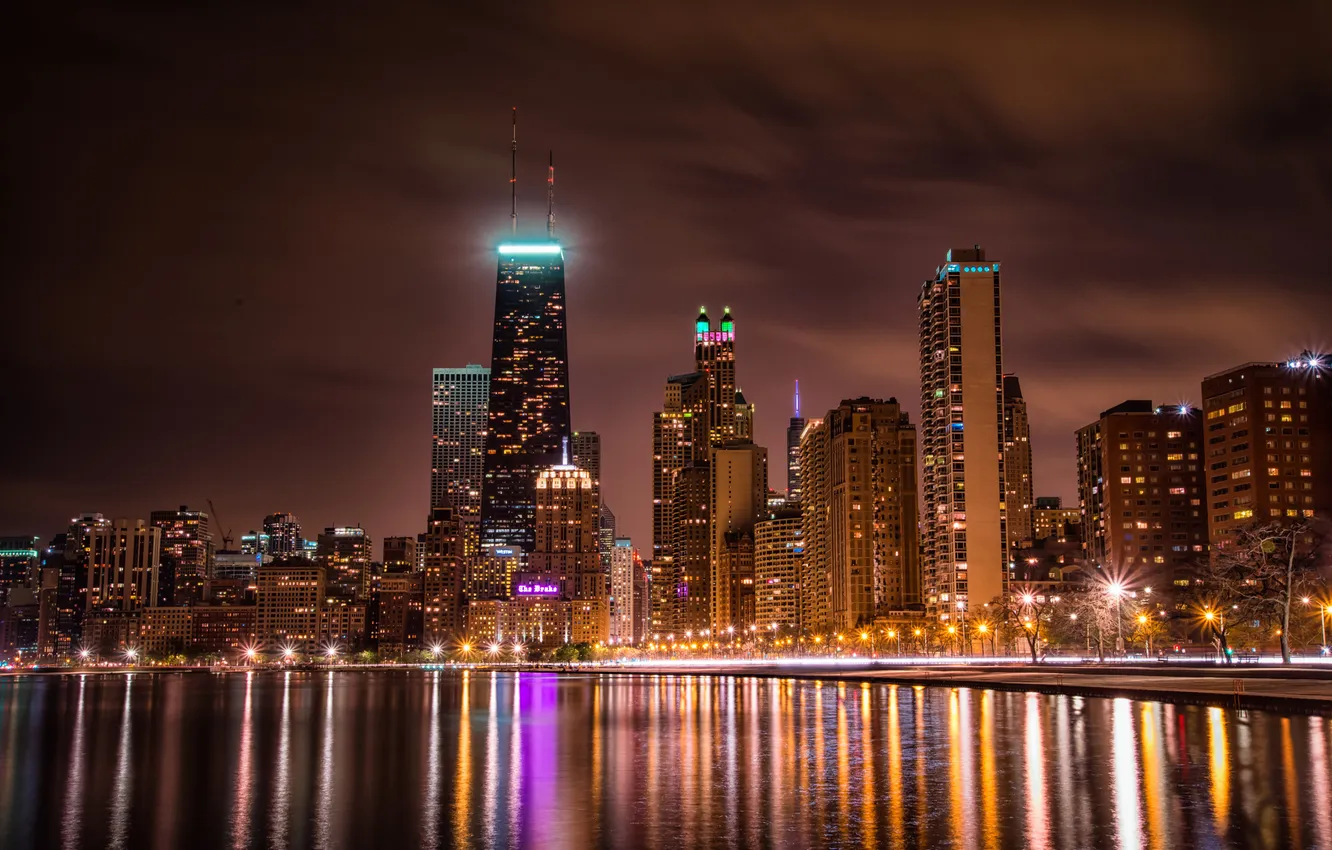 Фото обои Ночь, Чикаго, Небоскребы, USA, Chicago, skyline, urban, nightscape