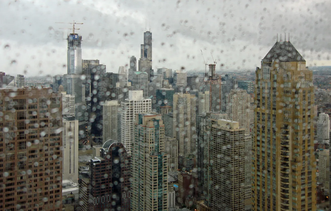 Фото обои капли, макро, город, окно, чикаго, chicago