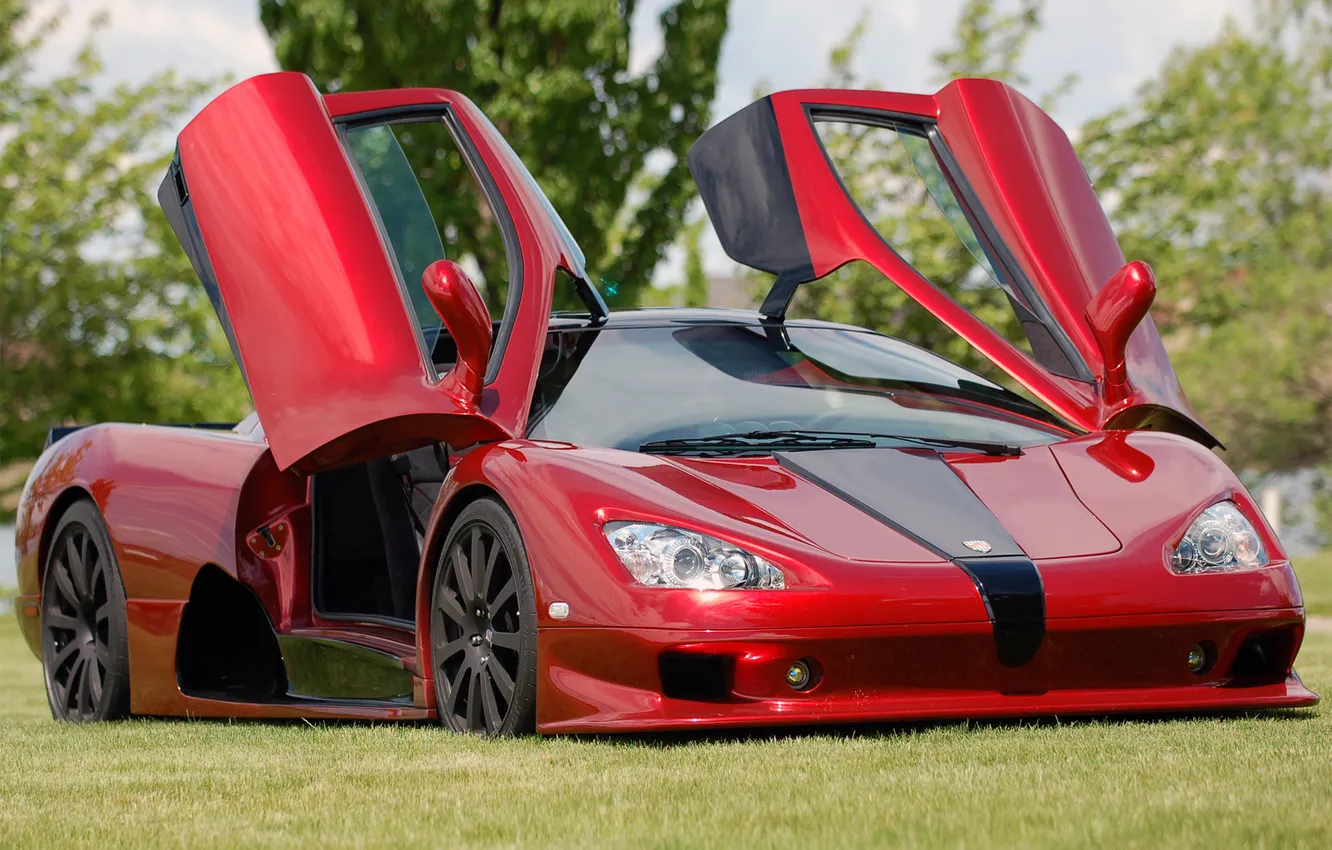 Фото обои красный, двери, суперкар, передок, SSC, Ultimate Aero, Shelby Super Cars