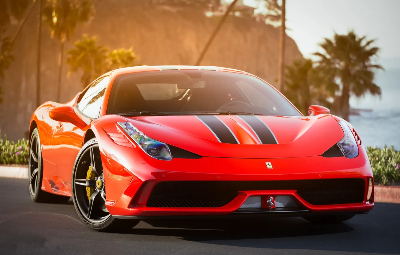 Фото обои полосы, капот, red, ferrari, феррари, передок, 458 speciale