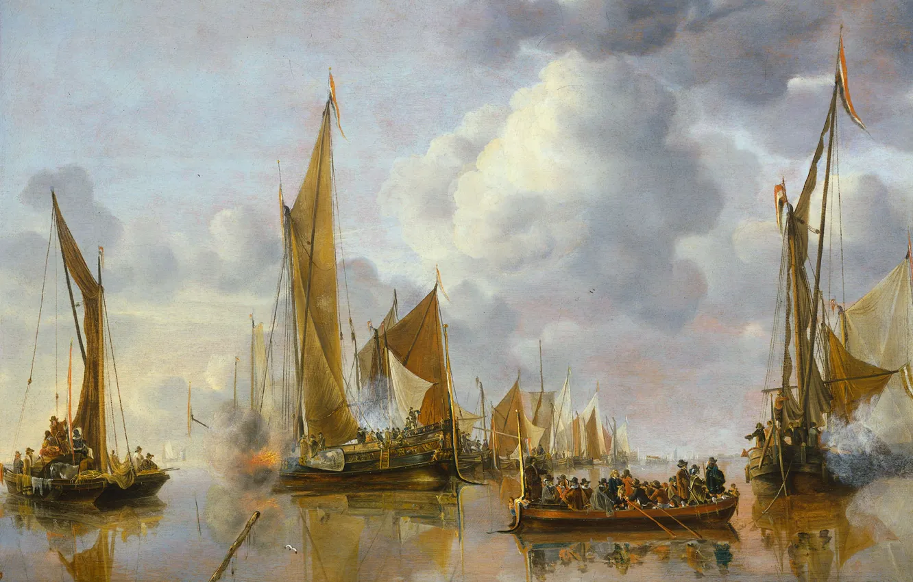 Фото обои корабль, картина, парус, морской пейзаж, Ян ван де Капелле, Салют с Правительственного Шлюпа