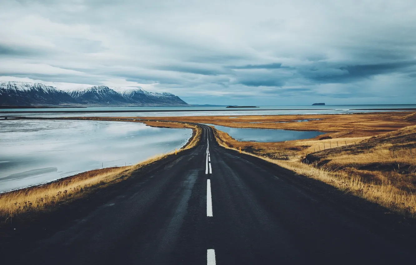 Фото обои дорога, горы, Исландия, озёра, фьорды