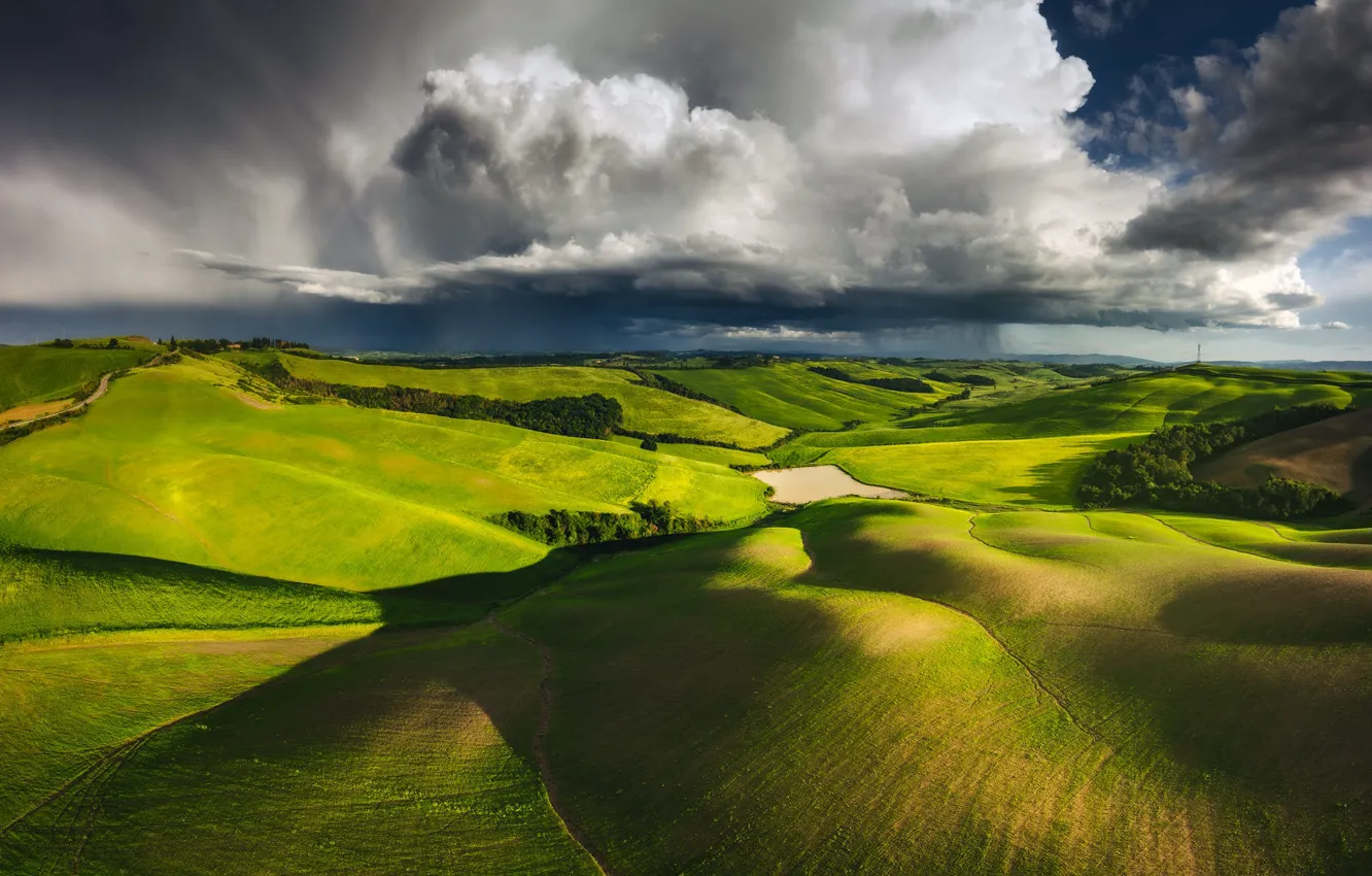 Фото обои зелень, поле, лес, небо, облака, свет, горы, тучи