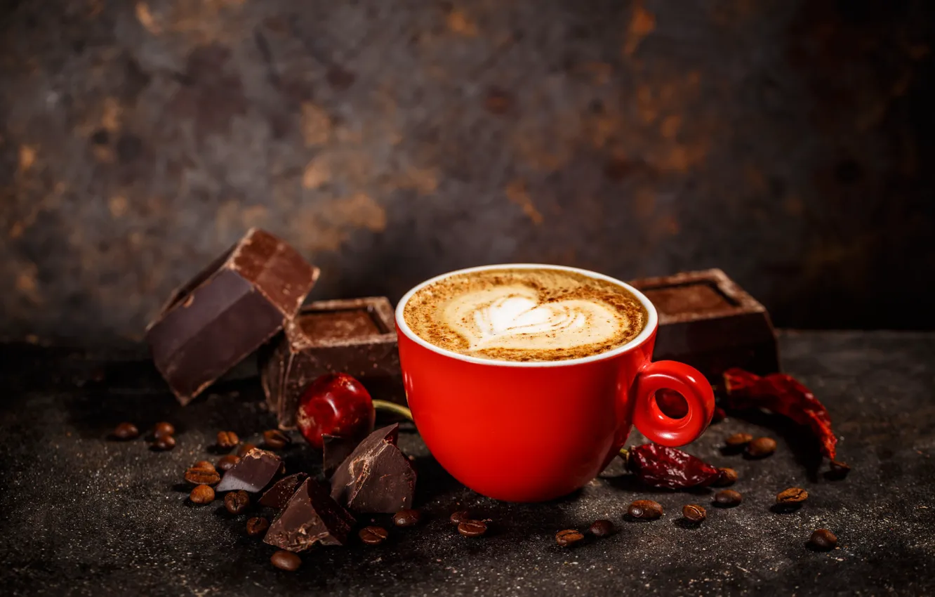 Фото обои вишня, кофе, шоколад, чашка, пенка