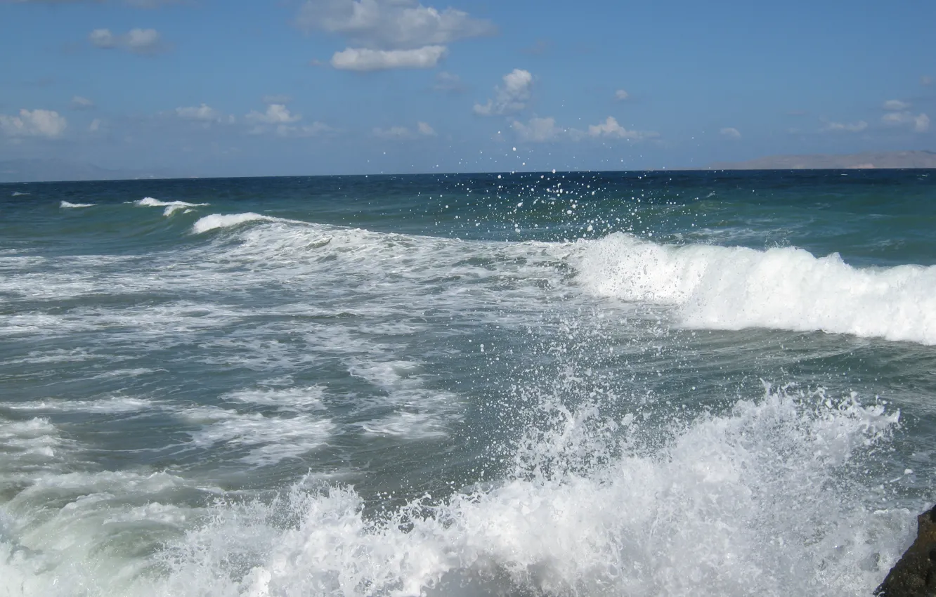 Фото обои волны, небо, облака, брызги, Критское море
