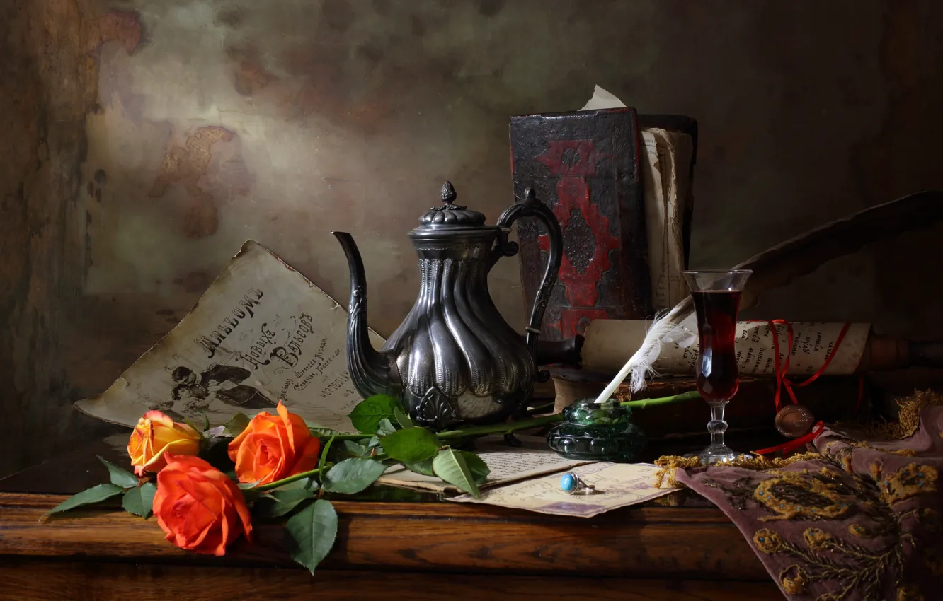 Фото обои стиль, исскуство, Still life with teapot and roses, Натюрморт с чайником и розами