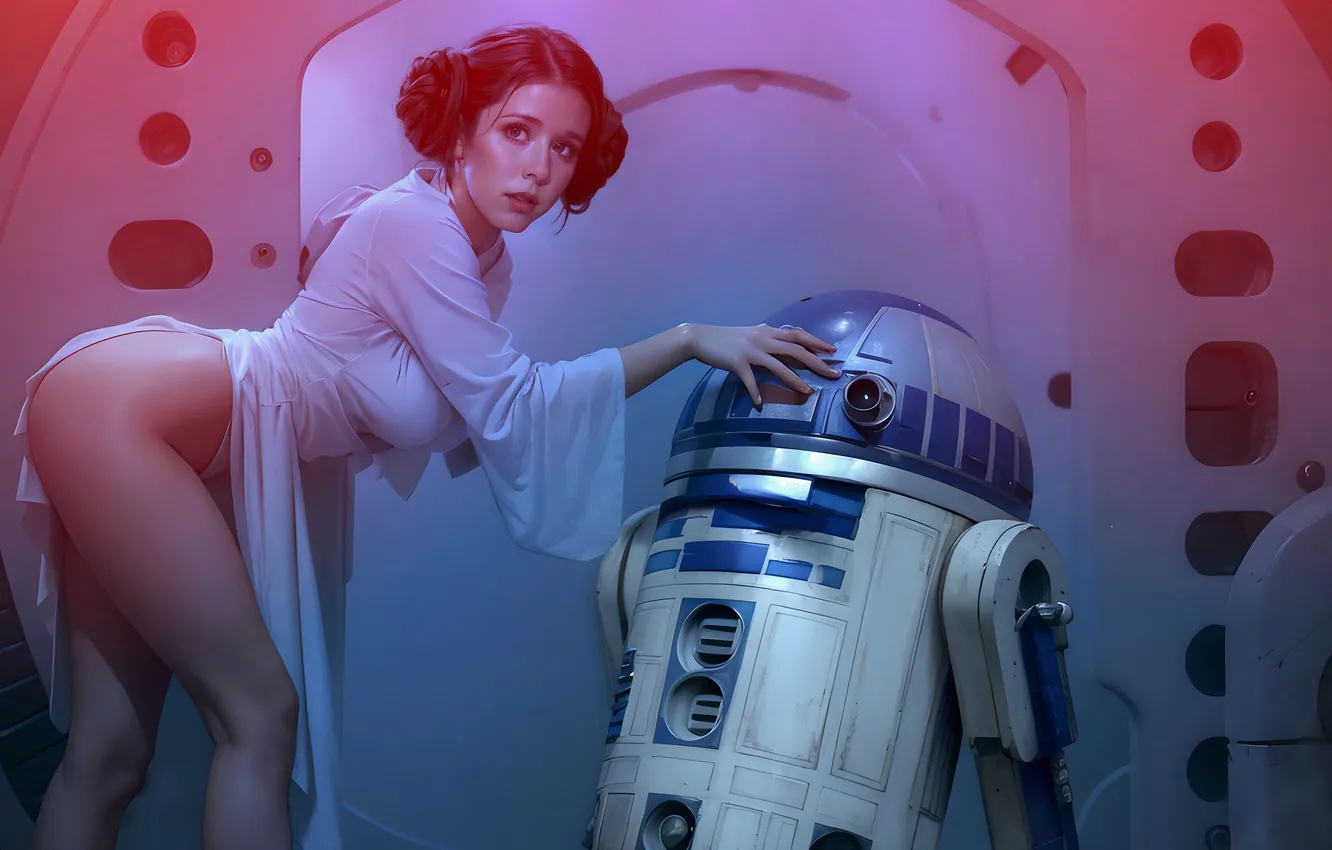 Фото обои звездные войны, star wars, art, r2d2, принцесса Лея, bioartoid