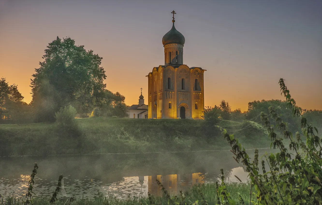 Фото обои пейзаж, природа, река, рассвет, утро, храм, Нерль