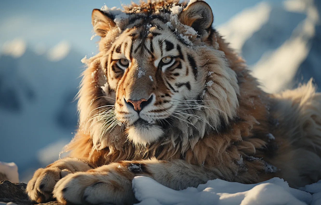 Фото обои Зима, Взгляд, Тигр, Снег, Морда, Хищник, Цифровое искусство, Большая кошка