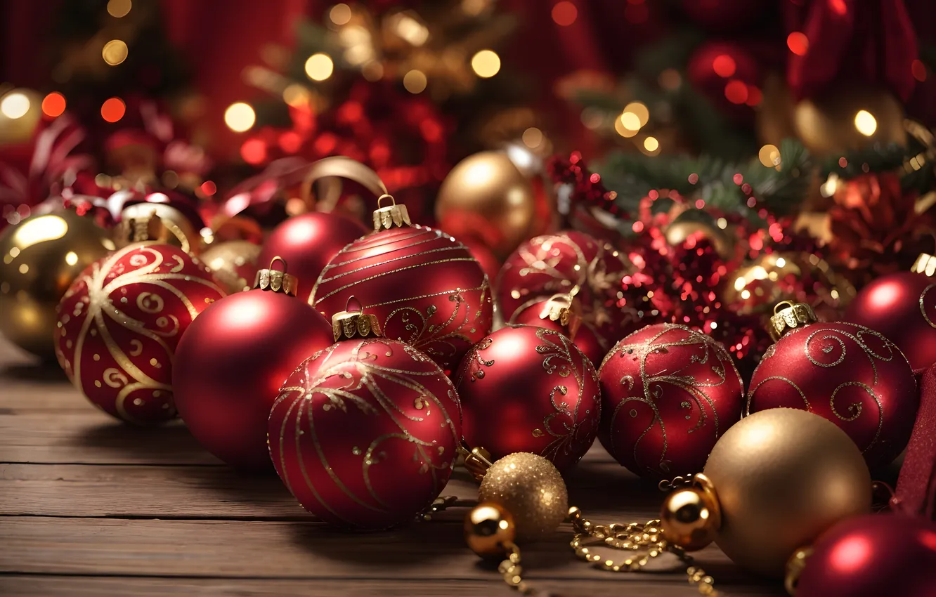 Фото обои украшения, шары, елка, Рождество, Новый год, red, golden, Christmas