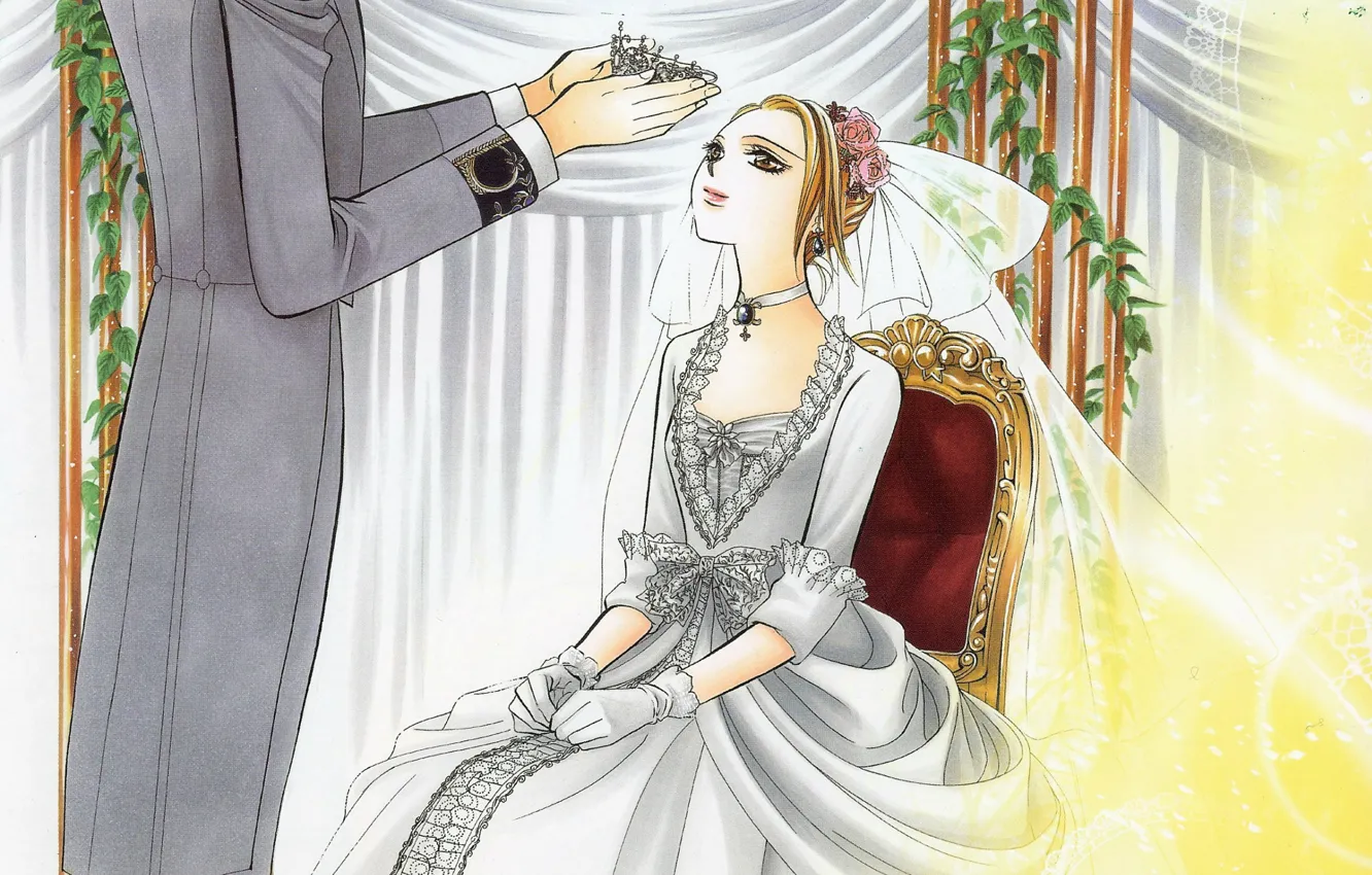 Фото обои кресло, занавески, перчатки, кружева, невеста, диадема, фата, свадебное платье